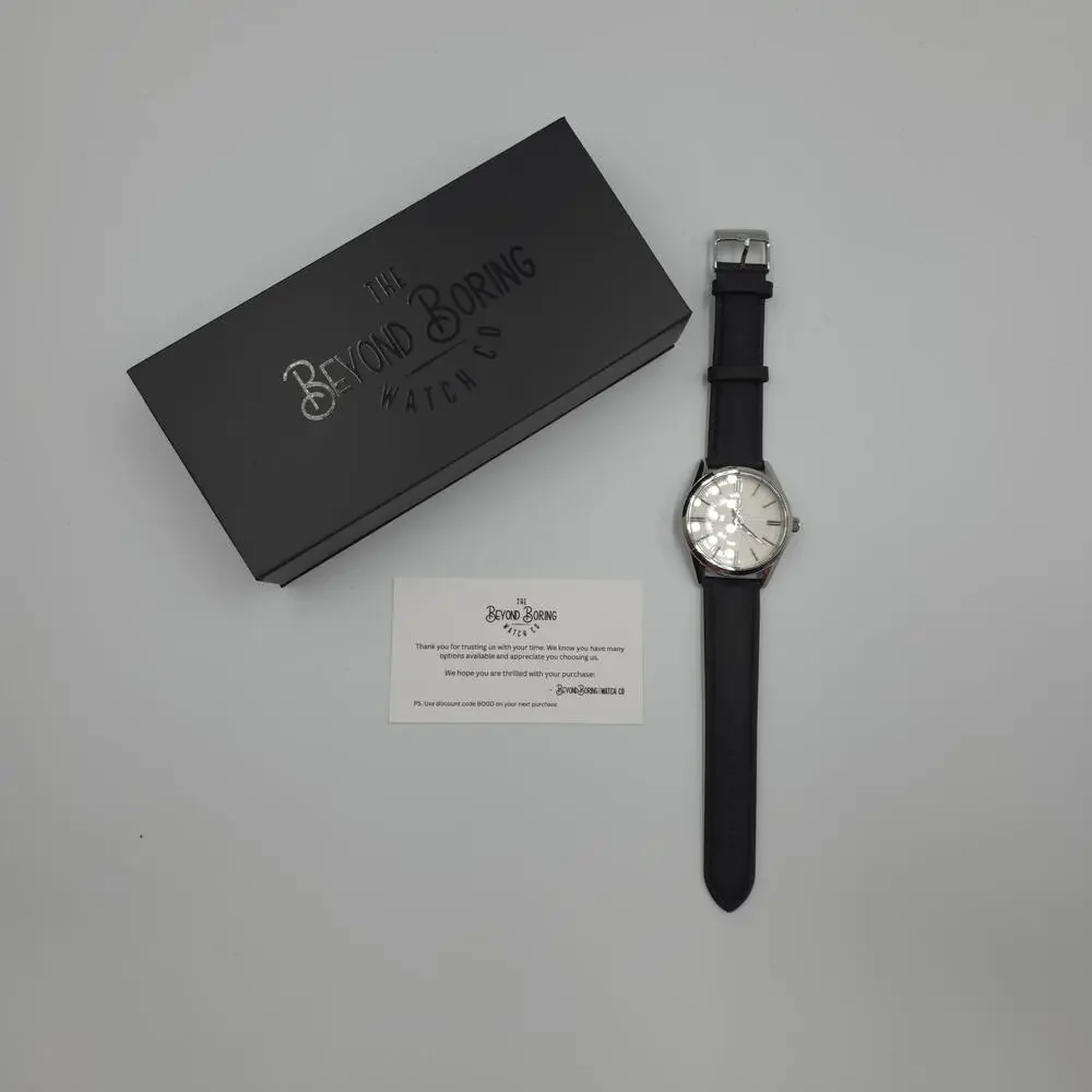 The Beyond Boring Watch Company in White Sunburst Watch Black Leather 39mm